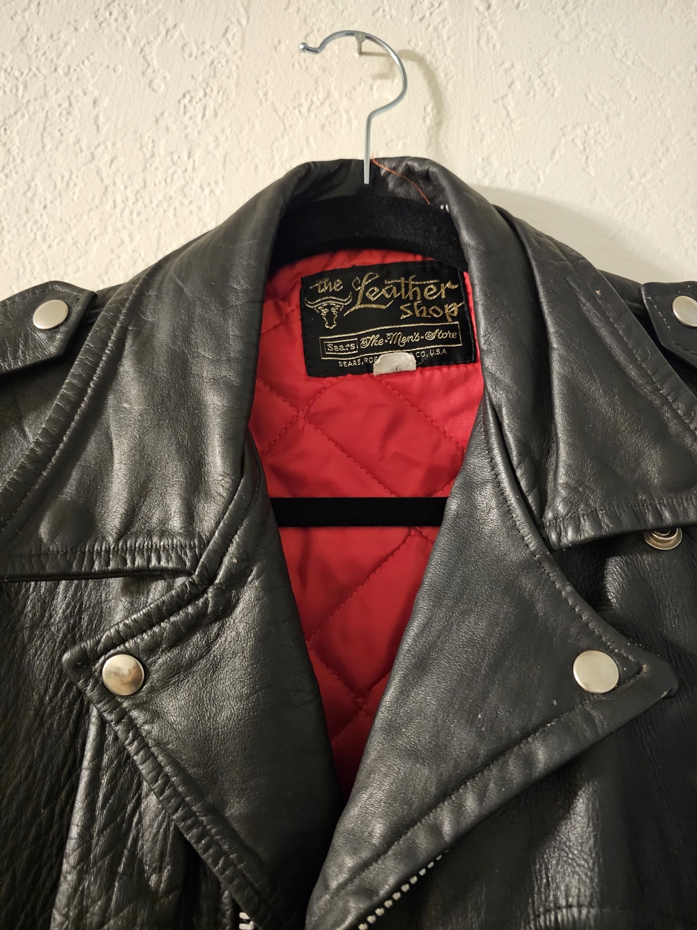 Vimtage Searse  Black Leather Biker Jacket with Red Quilted Lining Size L - Picture 4 of 13